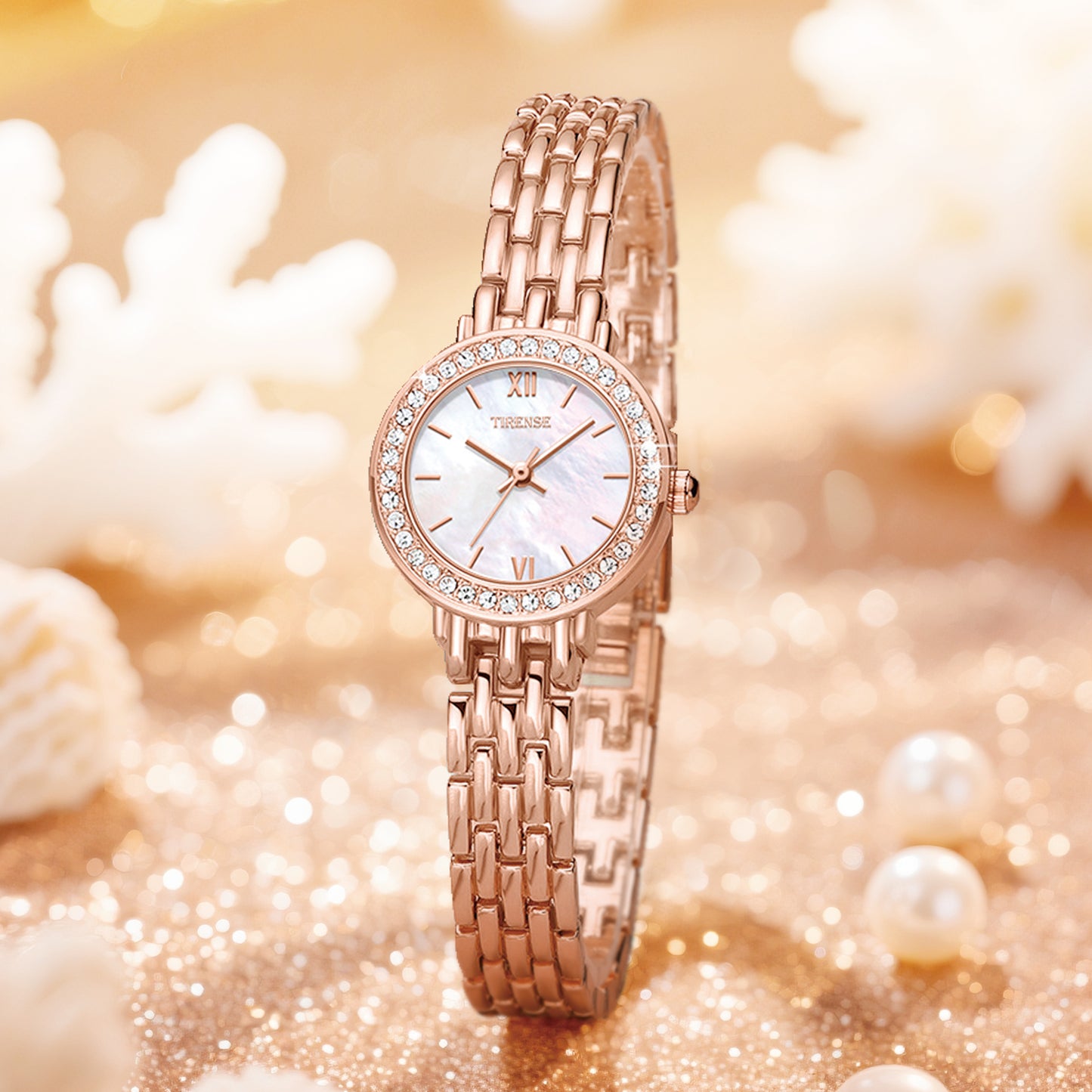 Luxury Rose Gold-Plated Quartz Woman Watch with Sparkling Stones