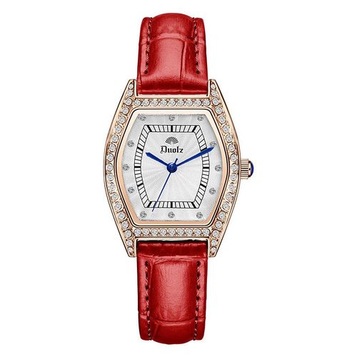 Elegant Women's Formal Watch with Red Leather Strap & Crystal Bezel