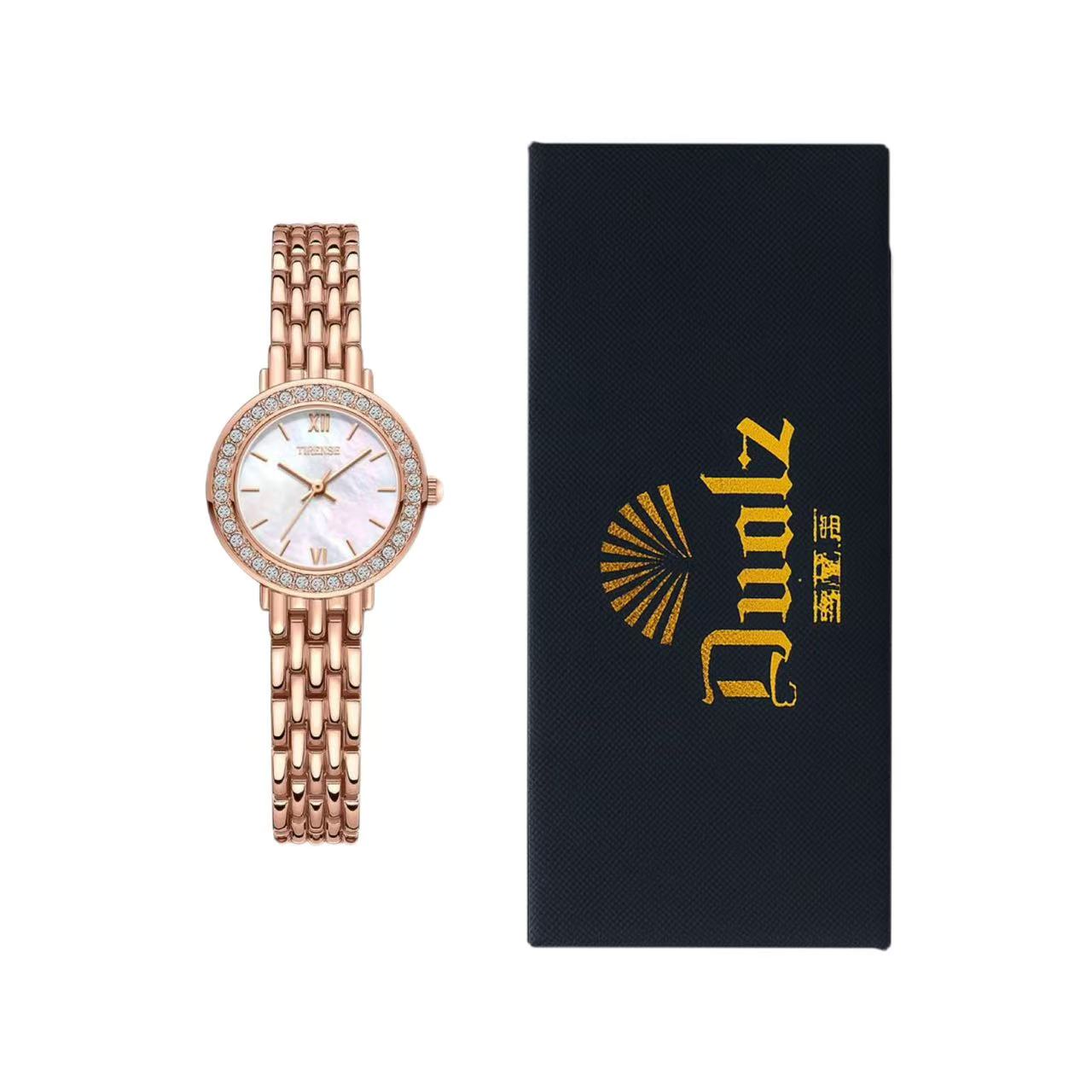 Luxury Rose Gold-Plated Quartz Woman Watch with Sparkling Stones
