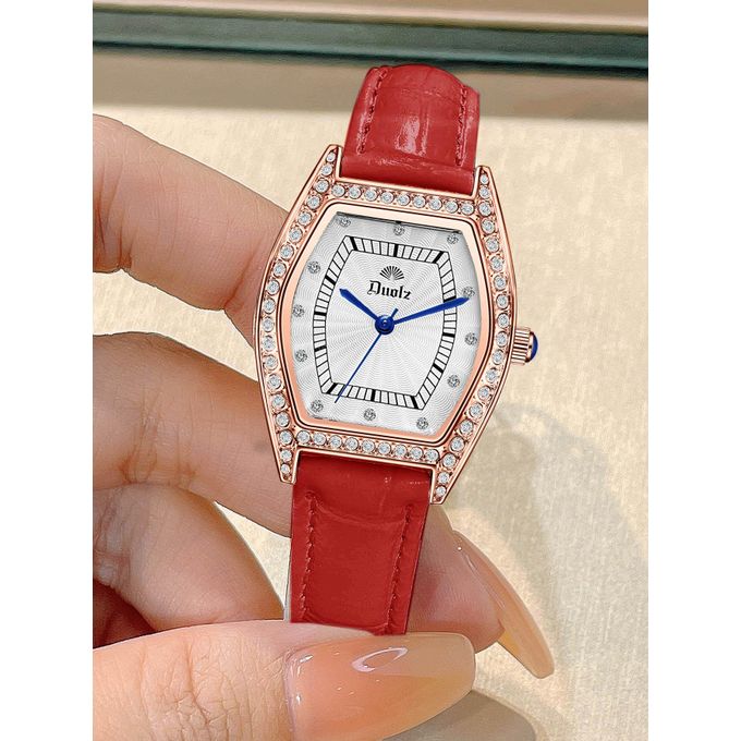 Elegant Women's Formal Watch with Red Leather Strap & Crystal Bezel