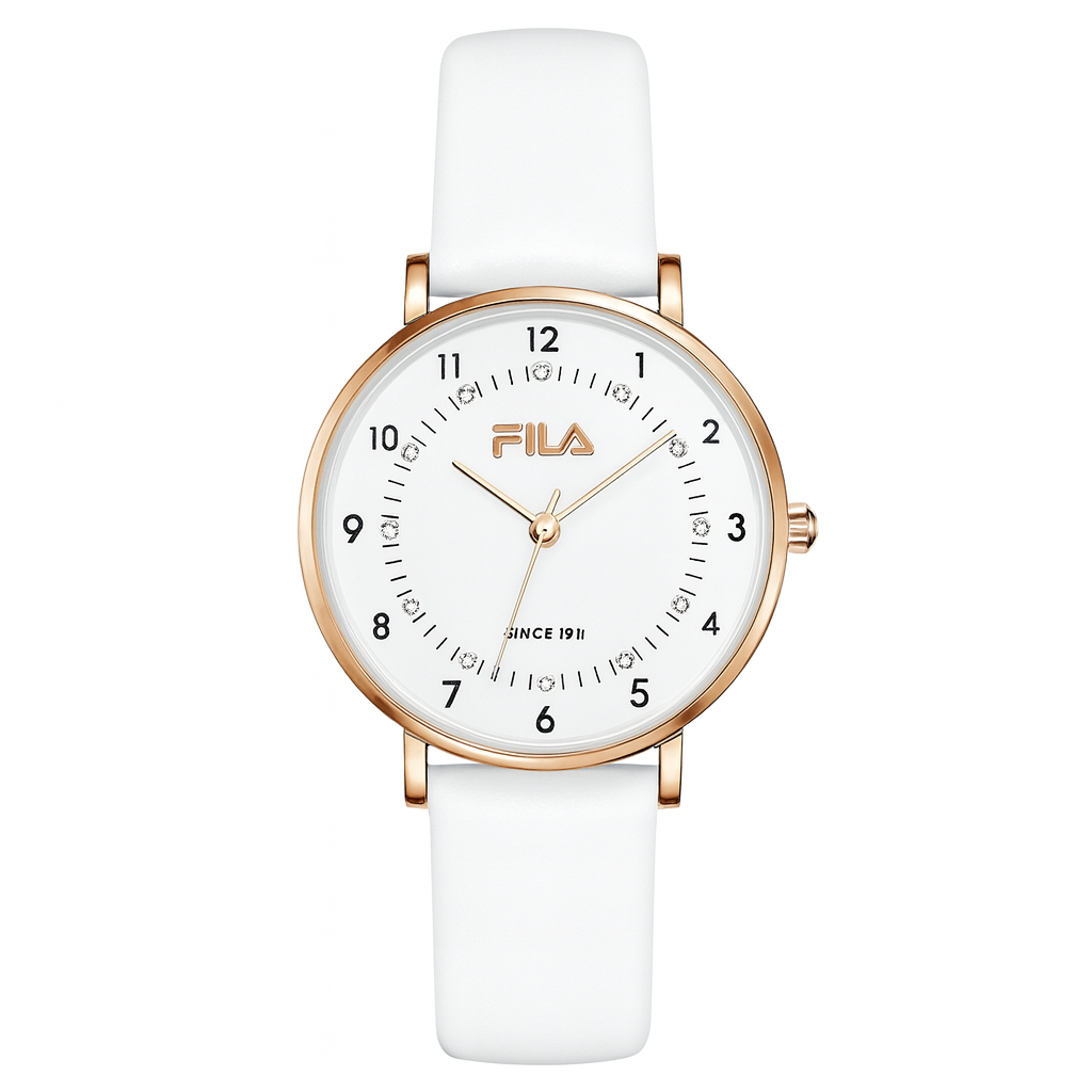 Women's Rose Gold Quartz Watch with White Leather Strap