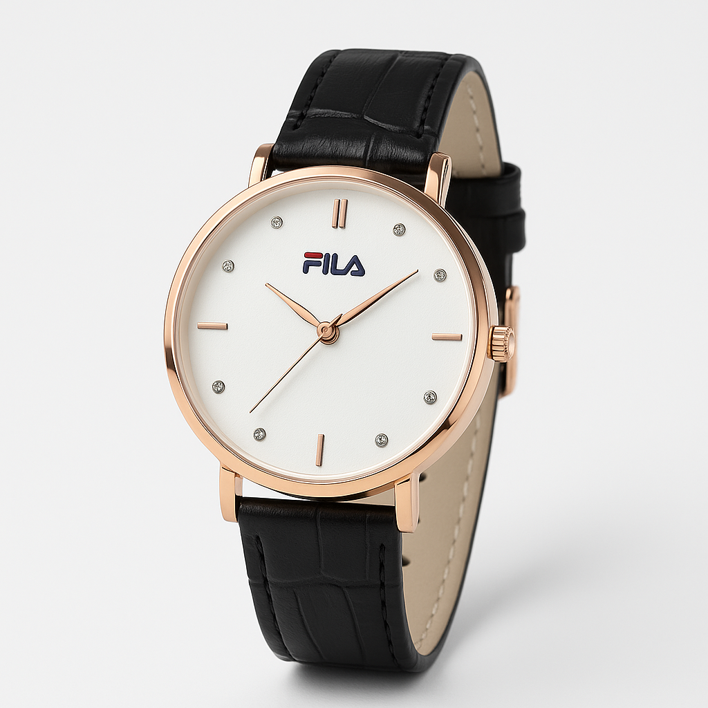 Women's Elegant Watch – Rose Gold Case & Black Strap with Crystal Accents