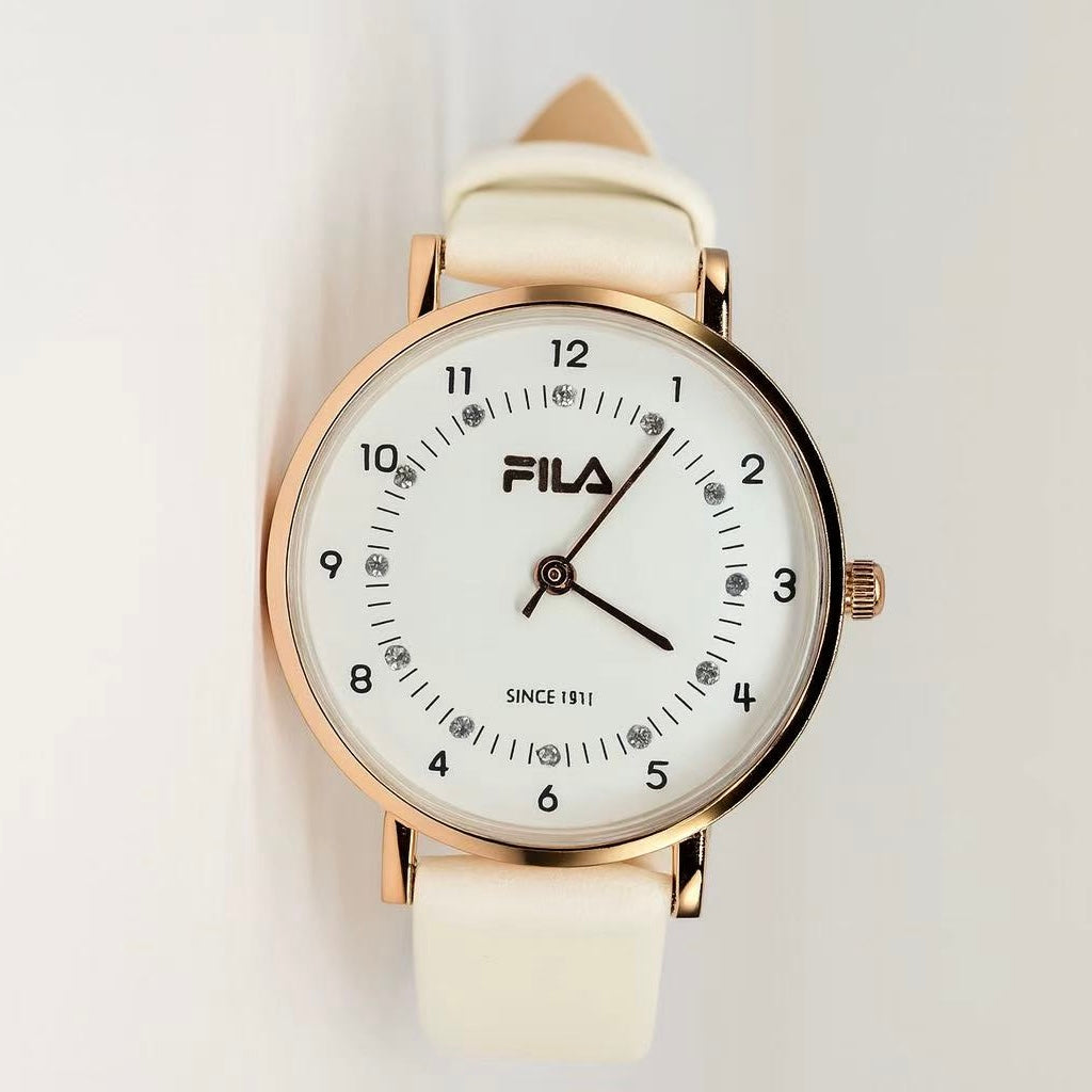 Women's Rose Gold Quartz Watch with White Leather Strap