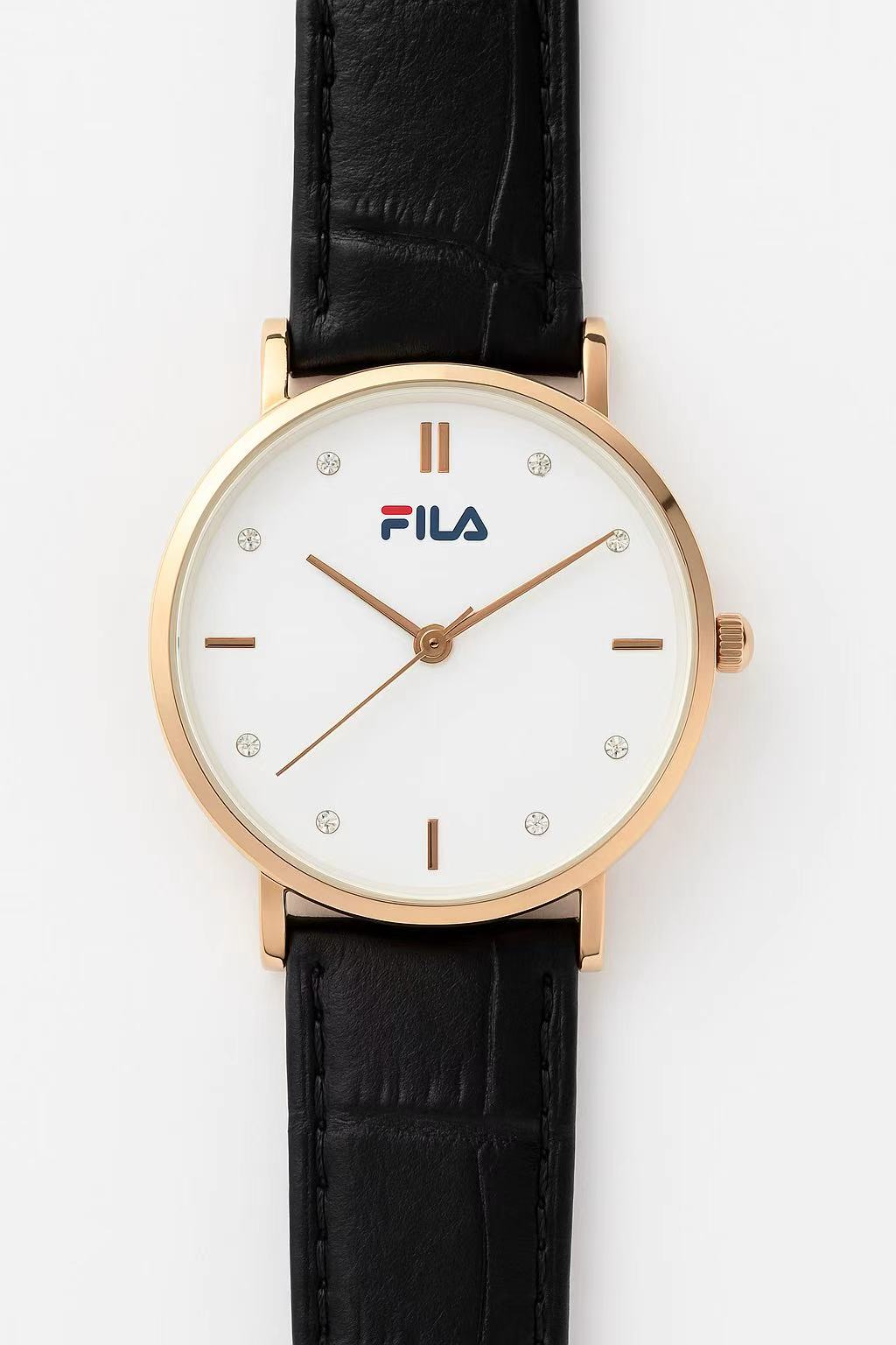 Women's Elegant Watch – Rose Gold Case & Black Strap with Crystal Accents