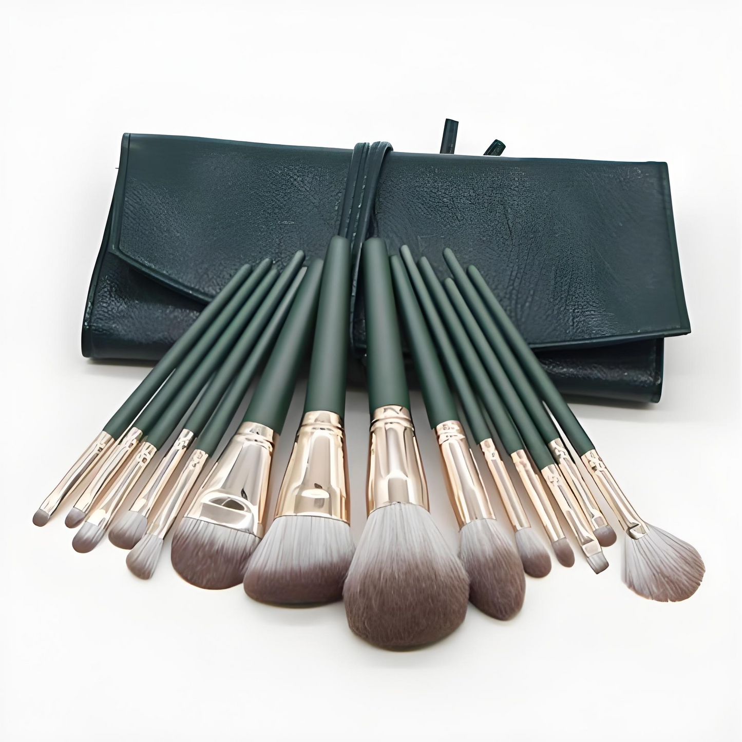 14-Piece Professional Makeup Brush Set with Carrying Bag – Green Edition