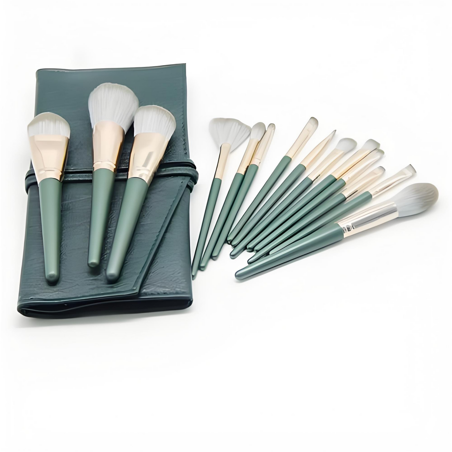 14-Piece Professional Makeup Brush Set with Carrying Bag – Green Edition