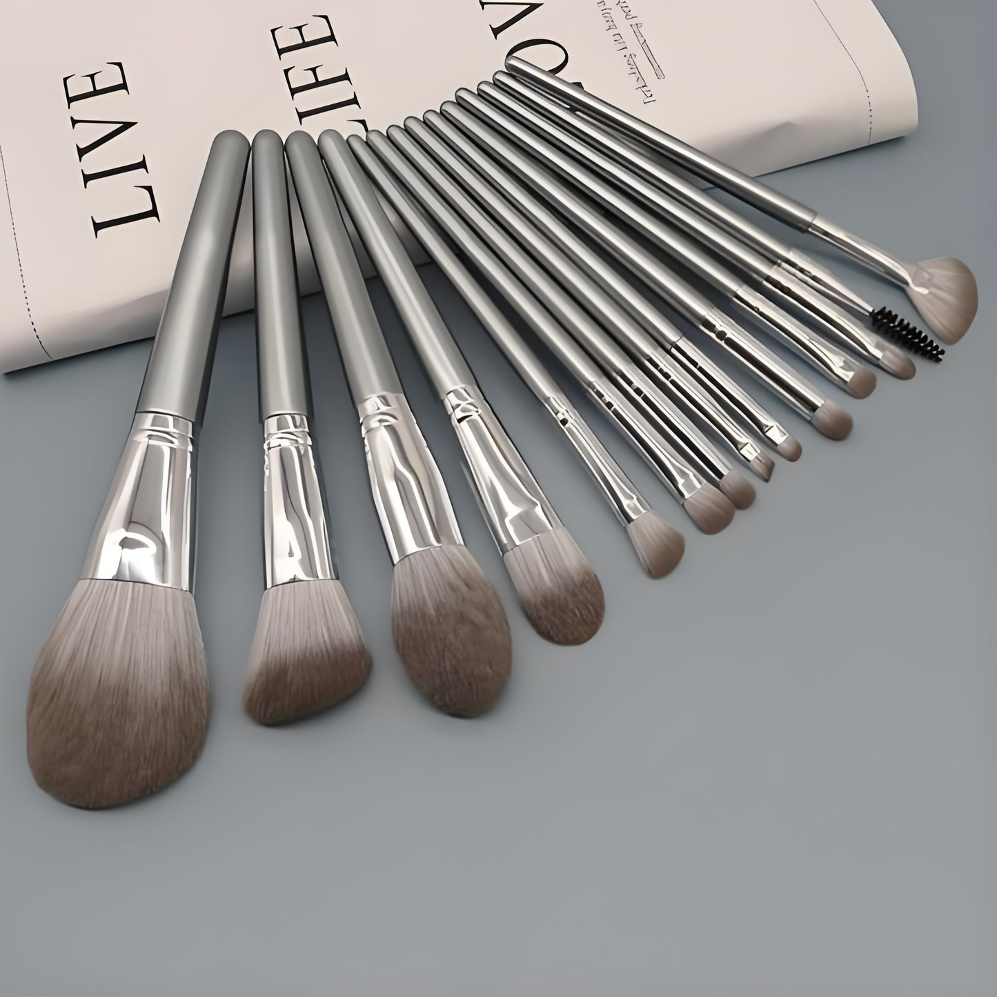 14-Piece Professional Makeup Brush Set with Storage Bag – Grey Edition