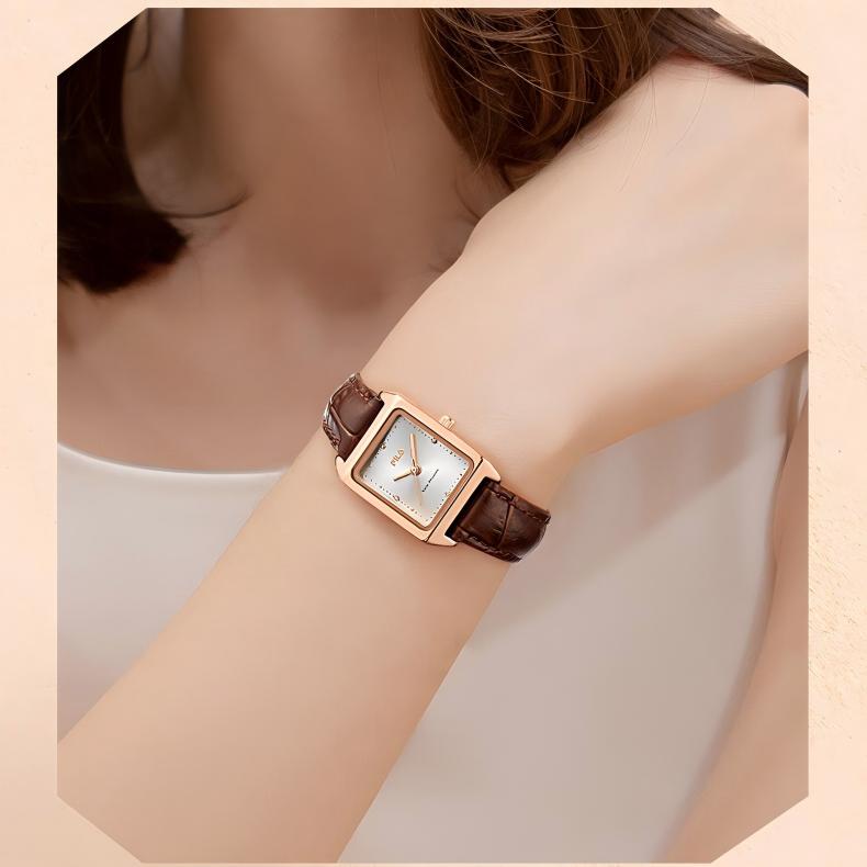 Elegant Square Dial Women's Watch – Brown Leather & Gold-Tone Case