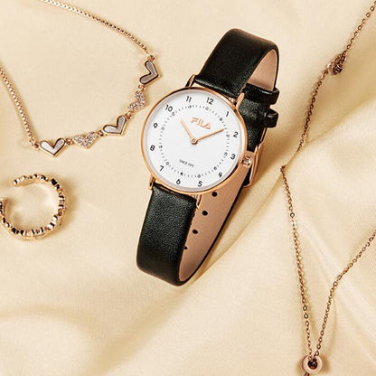 Trendy  Women's Quartz Watch – Rose Gold Case & Black Croc-Embossed Leather Strap