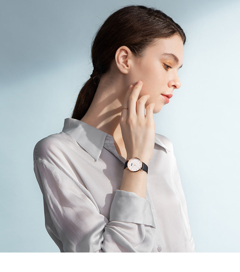 Women's Elegant Watch – Rose Gold Case & Black Strap with Crystal Accents