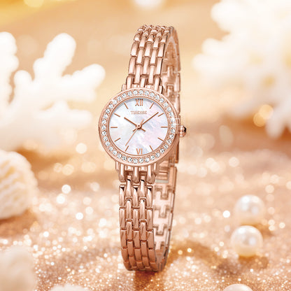 Luxury Rose Gold-Plated Quartz Woman Watch with Sparkling Stones