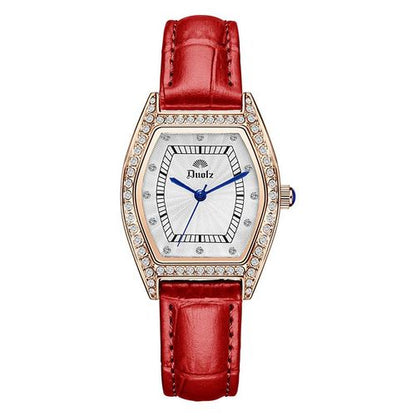 Elegant Women's Formal Watch with Red Leather Strap & Crystal Bezel