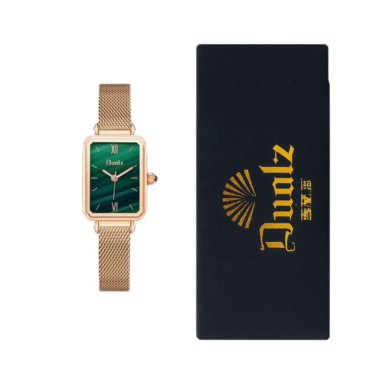 Elegant Rose Gold Women's Watch with Emerald Green Dial