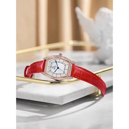 Elegant Women's Formal Watch with Red Leather Strap & Crystal Bezel