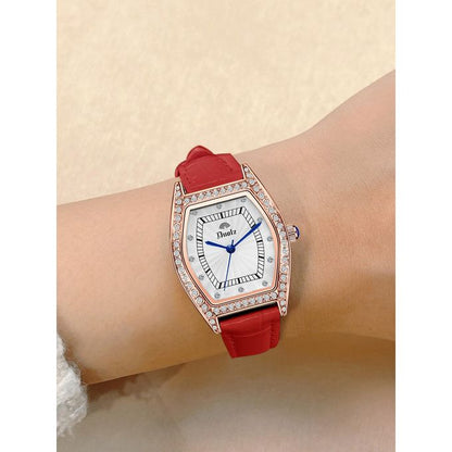Elegant Women's Formal Watch with Red Leather Strap & Crystal Bezel