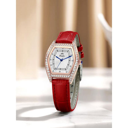 Elegant Women's Formal Watch with Red Leather Strap & Crystal Bezel