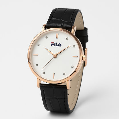 Women's Elegant Watch – Rose Gold Case & Black Strap with Crystal Accents