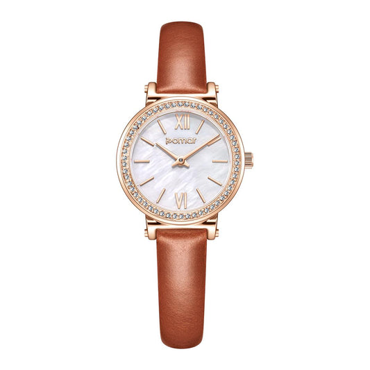 Classic Brown Leather Women's Watch with Crystal Bezel