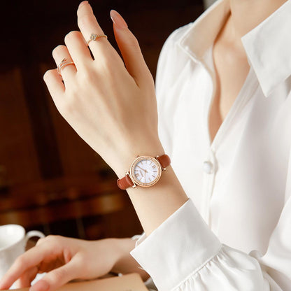 Classic Brown Leather Women's Watch with Crystal Bezel