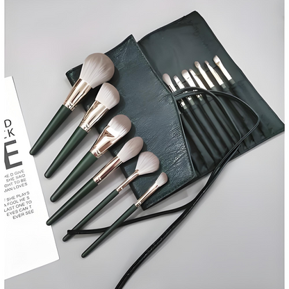 14-Piece Professional Makeup Brush Set with Carrying Bag – Green Edition