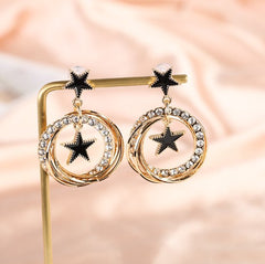 Double Star Black Enamel Circle Earrings