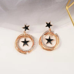 Double Star Black Enamel Circle Earrings