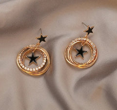 Double Star Black Enamel Circle Earrings