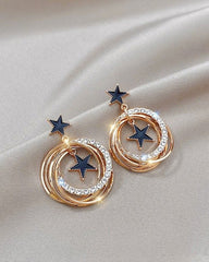 Double Star Black Enamel Circle Earrings